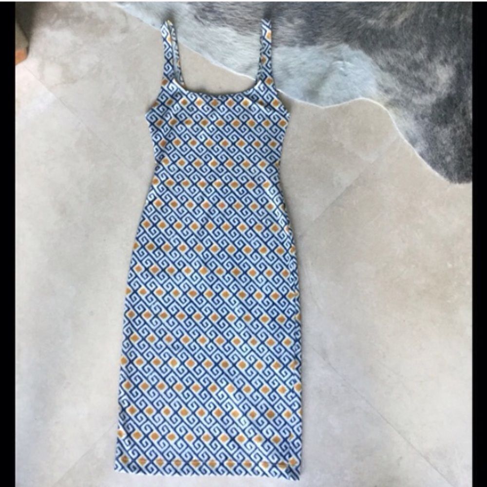Zara Strapless Scoop Neck Geometric Pattern Midi Bodycon Dress size S